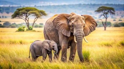 Obraz premium A mother elephant protecting her calf from harm in the savannah, savannah, big mammal