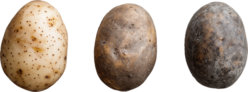 Three potatoes on transparent background, food variety concept