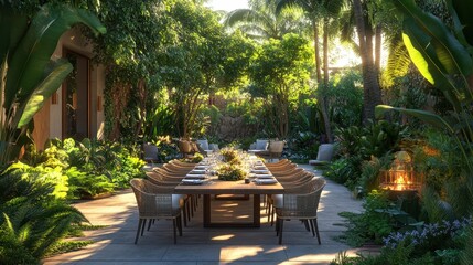 With its lush greenery and elegantly set outdoor dining table, the image likely depicts a wedding or formal event under the stars.