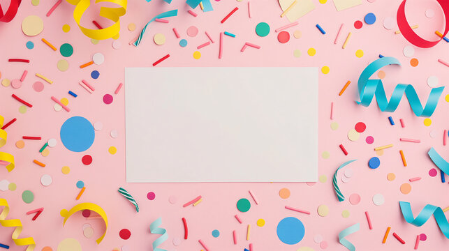 Festive Confetti and Ribbon Background with Blank Space in Center