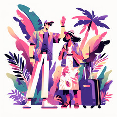 Couple Traveling Together Illustration with Tropical Plants and Palm Trees