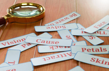 pile of word cards on table