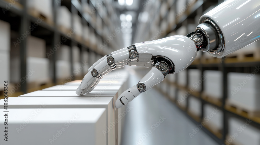 Poster a robot arm is touching a stack of boxes. the robot is white and has a metallic look. the boxes are 
