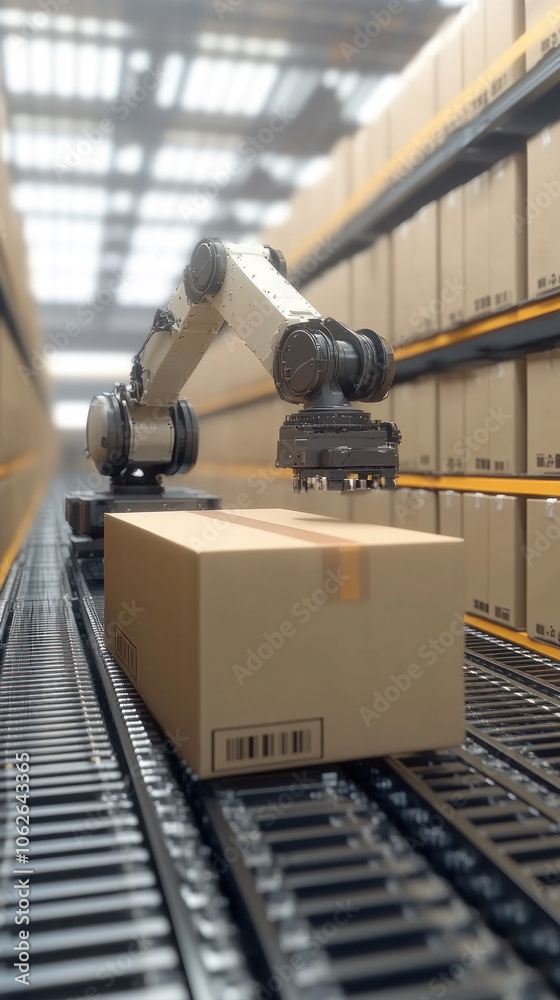 Poster a robot is working on a box in a warehouse. the robot is designed to handle and move boxes, making i