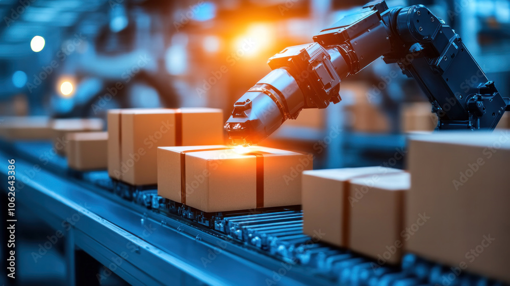 Poster a robot is working on a conveyor belt with boxes. the robot is focused on a box in the middle of the