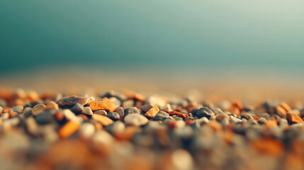 An intricate macro photograph of sand grains, each particle visible in sharp focus, revealing a textured landscape of tiny rocks and minerals. The muted background softly fades, ensuring that the