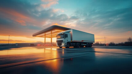 Truck on the road at sunset. Concept of logistics and transportation.