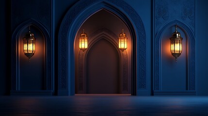 3D rendering of a Ramadan Kareem background with an Islamic arch and lanterns hanging on the wall in a night mosque interior. (