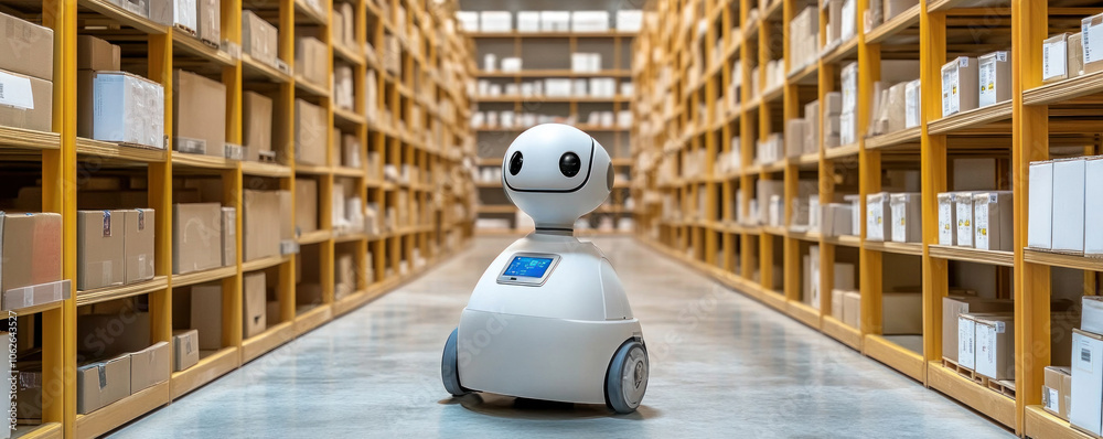Poster a robot is standing in a warehouse with many boxes. the robot is smiling and he is happy