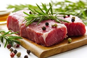 Fototapeta premium Raw steak cuts garnished with fresh herbs and spices resting on a wooden cutting board against a white background