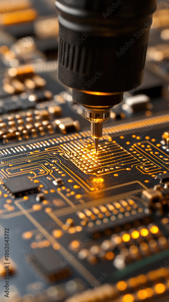 Poster a close up of a circuit board with a small light on it. the light is on a small pin that is being in