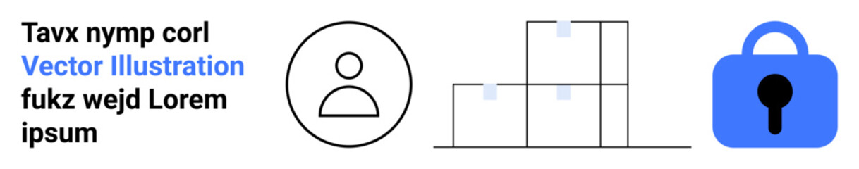 Icons of a user profile, storage boxes, and a lock accompanied by placeholder text. Ideal for security, user management, storage solutions, app features, e-commerce, UI UX design, and presentations