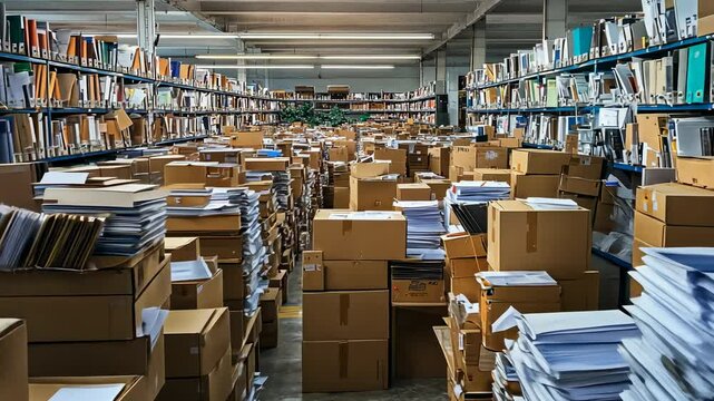 Paper Stacks in a Warehouse, boxes, cardboard, files, folders, documents