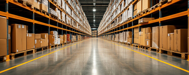 A large warehouse with a yellow line down the middle. The warehouse is filled with boxes and pallets