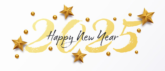 Happy New Year 2025 with calligraphic and brush painted text. Vector illustration background for new year's eve and new year resolutions and happy wishes with stars and balls christmas elements