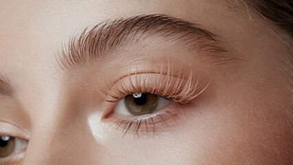 Obraz premium stylish minimalism, Light French Beige mascara: a close-up shot of an eye adorned with vibrant Light French Beige mascara on naturally long lashes