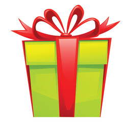 Green gift box with red bow and ribbon. Vector cartoon illustration