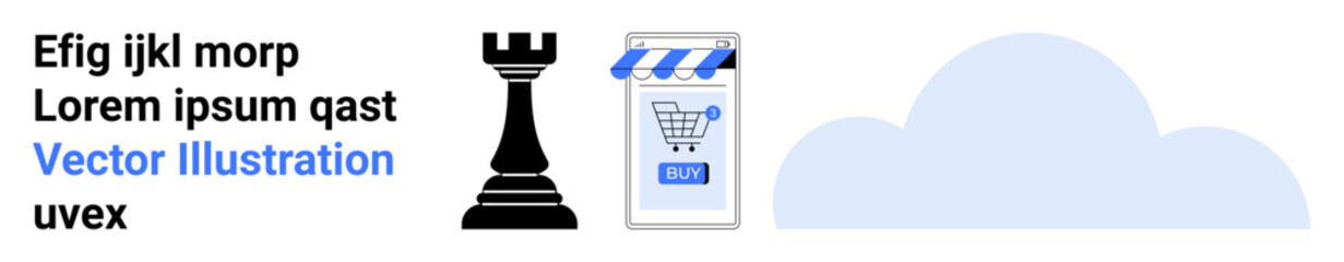 Chess rook piece, smartphone with shopping cart and blue awning, cloud, and text elements. Ideal for online shopping, business strategy, mobile commerce, cloud technology, digital marketing, game