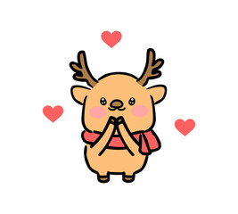 ハートのイラストと可愛いトナカイのキャラクター