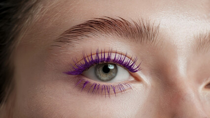 Obraz premium stylish minimalism, Purple mascara: a close-up shot of an eye adorned with vibrant Purple mascara on naturally long lashes