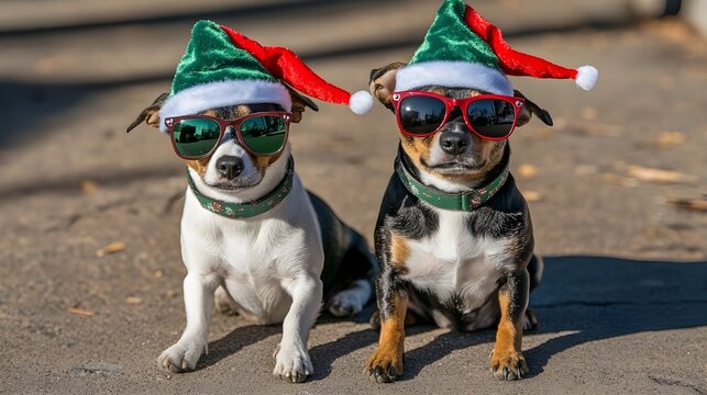 Dogs in Elf Hats and Sunglasses.