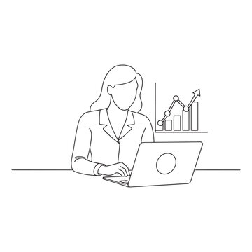 recommend clip art: Woman focused on her laptop, analyzing a graph with various icons displayed on the screen isolated continuous line art flat vector illustration on white background