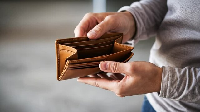 Close-up photo of empty wallet held by person.