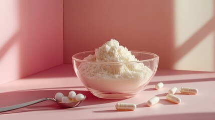 A glass bowl filled with marine collagen powder is elegantly arranged with capsules and a measuring spoon, highlighting its benefits for wellness and beauty.