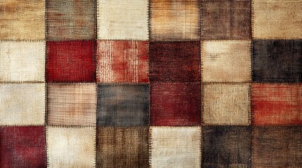A rustic-inspired patchwork carpet pattern featuring squares in warm beige, brown, and faded red tones, with subtle woven and stitched textures, arranged in a seamless pattern,