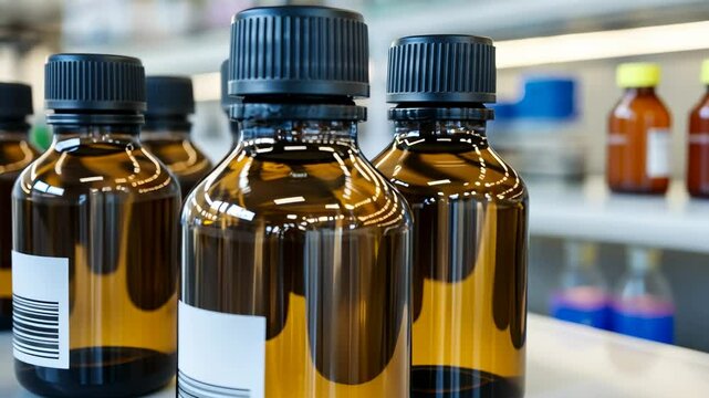 Amber Glass Bottles with Black Caps, pharmaceutical bottles, medicine bottles, lids, label, barcode