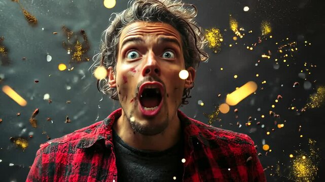 Shocked Man in Red Flannel Shirt with Sparks Flying, male, person, people, portrait, face
