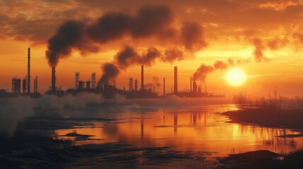 Factory Pollution with Smoke Rising at Sunrise. Silhouetted factory with smoke stacks emitting pollution at sunrise, reflecting environmental issues and industrial activity.