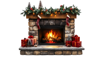 Warm christmas eve by the fireplace, a festive scene with decorated tree and overflowing gifts