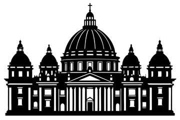 St. Peter's Basilica in Rome, Italy. Vatican City. Basilica Papale di San Pietro in Vaticano. Hand drawn linear doodle rough sketch. Black and white silhouette