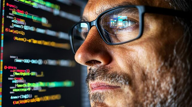 Close-up of a Man's Face Looking at Computer Code, programming, software, developer, programmer, coder