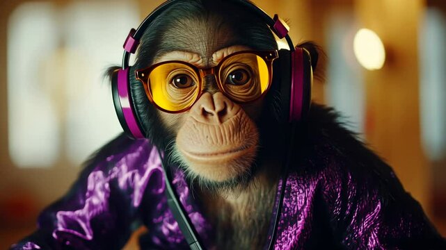 Cool Monkey Wearing Headphones and Sunglasses, chimpanzee, primate, animal, mammal, wildlife
