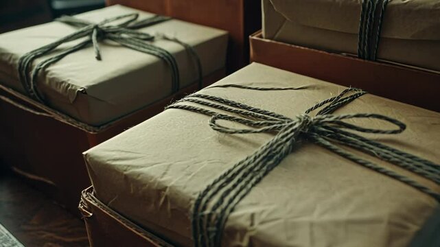 Rustic Gift Boxes Tied with Twine, present, brown paper, rope, string, vintage