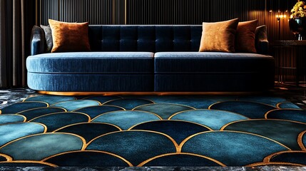Obraz premium A seamless Art Deco-inspired carpet pattern with geometric shapes in jewel tones like teal and sapphire, gold metallic details and symmetrical design,