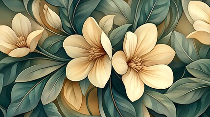 A seamless Art Nouveau botanical pattern for a carpet, featuring lush, curving leaves and flowers, intricate and delicate with soft gradients, muted earth tones,