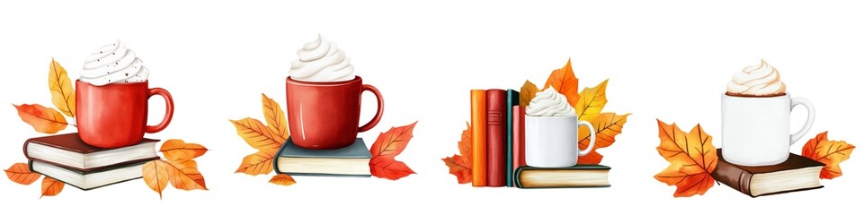 A cozy autumn scene featuring mugs of whipped cream-topped drinks surrounded by colorful leaves and books, perfect for a warm drink moment.