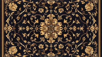 A seamless baroque carpet pattern with ornate swirls and floral motifs in rich, dark tones with gold highlights, capturing the elegance and sophistication of antique design,