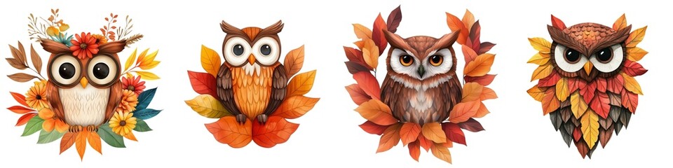 Obraz premium The image features four colorful owls surrounded by vibrant autumn leaves, showcasing a playful and artistic representation of nature.