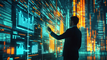 Fototapeta premium Business professional analyzing data on digital display in modern office setting at night