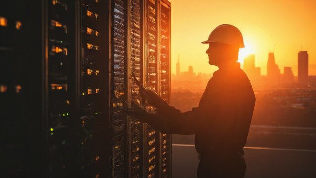 Man in Hard Hat with Servers in Data Center at Sunset, Conveying Security and Reliability in Cityscape Background