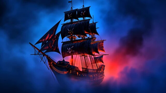 Pirate Ship Sailing Through Dramatic Sky, sea, ocean, clouds, sunset, sunrise
