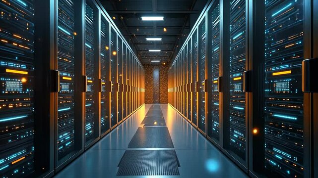 Server Room Interior with Glowing Lights, data center, server rack, computer server, data storage, network
