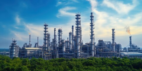 Fototapeta premium Industrial Refinery in Lush Landscape. Refinery towers rise above a lush green landscape under a blue sky, symbolizing energy production and the environment.