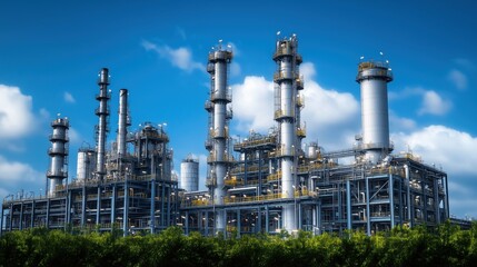 Fototapeta premium Steel Refinery Towers Against Blue Sky. Modern refinery with steel towers and clear skies, showing industrial advancement and energy production in a clean environment.