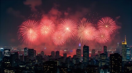 A stunning aerial view of a city skyline at night, illuminated by a spectacular burst of vibrant red fireworks