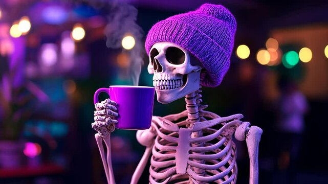 Skeleton enjoying a cup of hot beverage, skull, bones, human bones, skeleton hand, skeleton arm